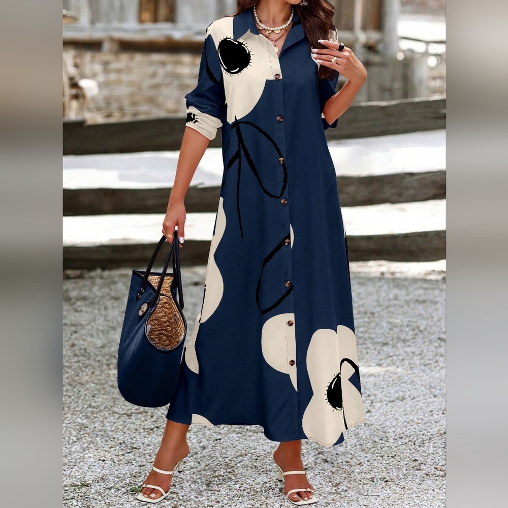 Women Long Sleeve Button Front Printed Mid-Length Casual Dress, Rand - Picture 2 of 4